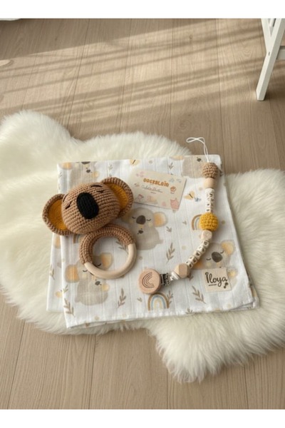 İloya Naturel 3’lü Yenidoğan Bebek Seti | Koala Müslin Kundak, Amigurumi ve E...