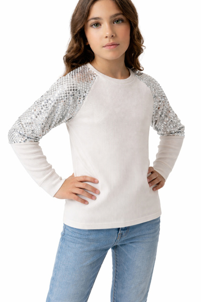 İrem Çocuk Giyim Girl's Shoulder Sequin Detail Corduroy Fabric White Color Gr...