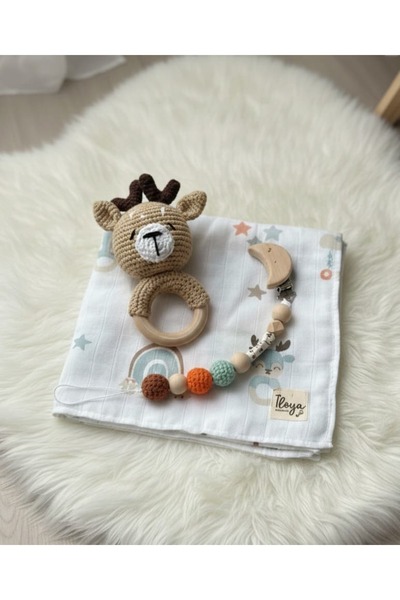 İloya Naturel 3’lü Yenidoğan Bebek Seti | Geyikli Müslin Kundak, Amigurumi ve...