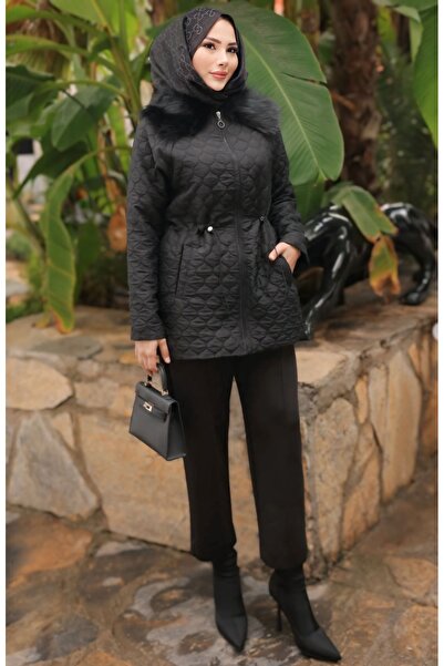 zem moda Women's Quilted Hijab Coat – Fur Collared, Waist-Tie, Zippered Winte...