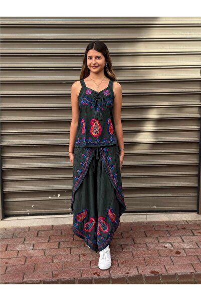 Miss Boheme Khaki Color Embroidered Pants and Blouse Set