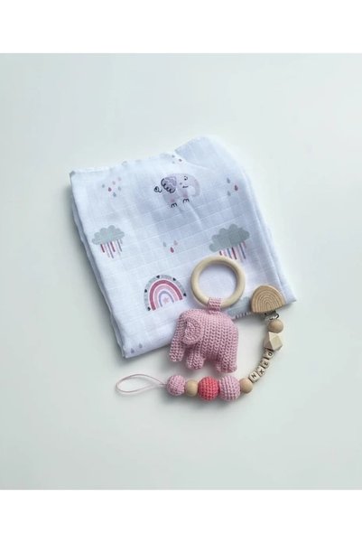 İloya Naturel 3-Piece Newborn Baby Set |   Elephant Muslin Swaddle, Amigurumi and Pacifier Strap