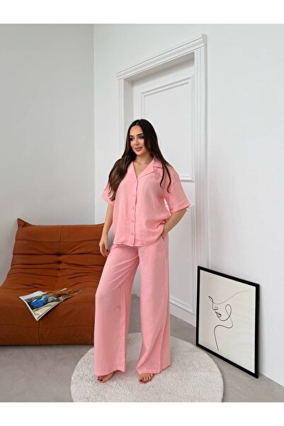 FREEWİSE 100% Pure Cotton Short Sleeve Muslin Fabric Women's Pajama Set