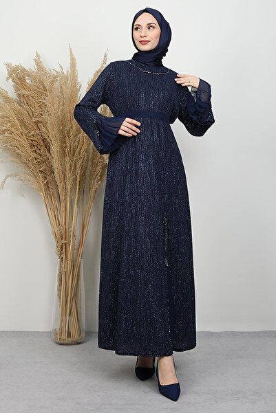 GİYZAMİLA Wonderful Stone Detailed Evening Dress Navy Blue