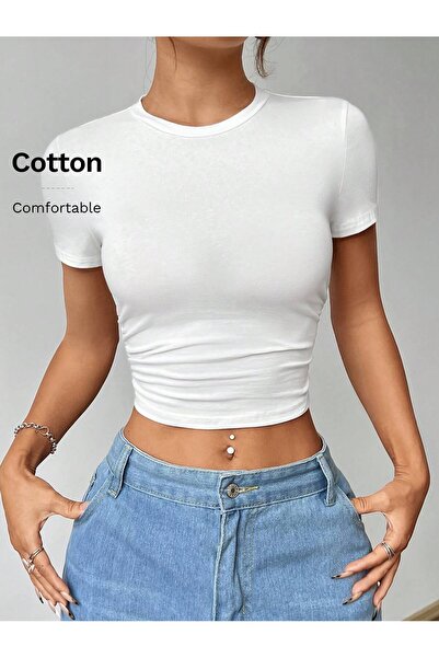 macklin Women's Unprinted Basic Crew Neck Baby Tee Combed Cotton Crop Tshirt