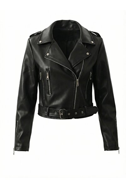 MEECY Women's Leather Jacket with Zipper and Belt Detail