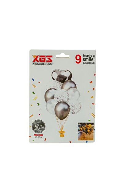 XGS Σετ 9 μπαλονιών, ασημένια, καρδιά