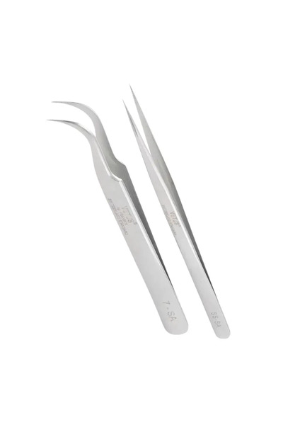 Barhat Set of 2 eyelash extension tweezers SS-SA and 7SA – Silver