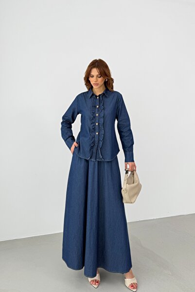 BEJNA Women's Ruffled Shirt Skirt Denim Bottom Top Set