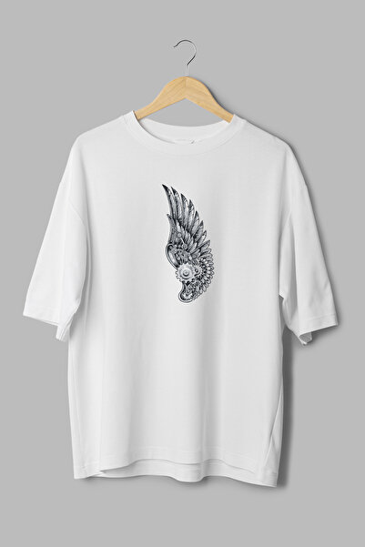 Overoz Angel Wing Car Engine Printed Semi-Oversize White Tshirt 1177