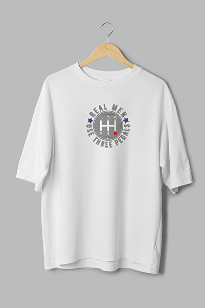 Overoz Three Pedals Car Gear Shift Printed Semi-Oversize White Tshirt 1174