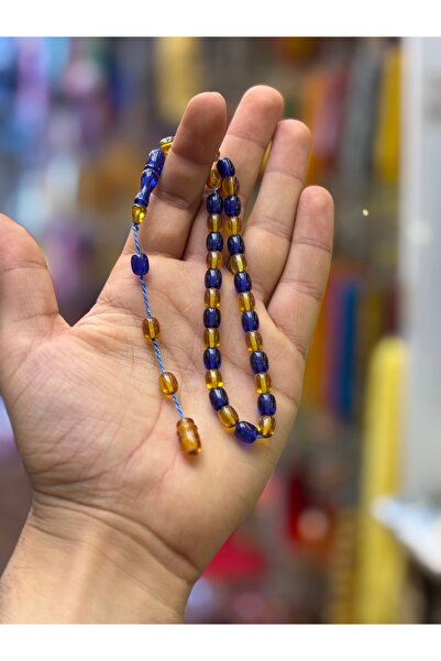 tesbihciniz Yellow Navy Blue Ankle Length Fire Amber Prayer Beads
