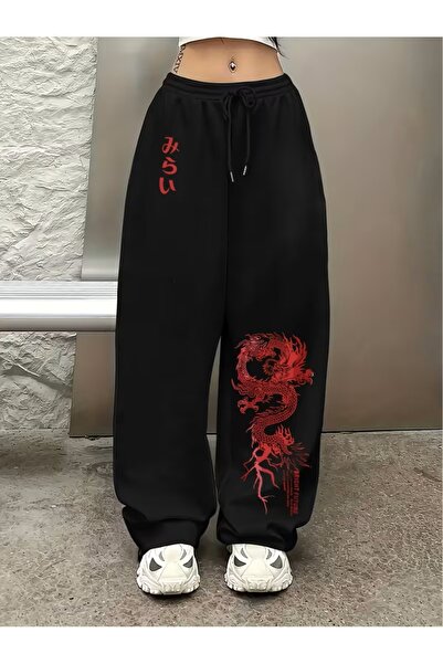 Nilvor Unisex Kırmızı Çin Ejderha Baggy Kesim Geniş Paça Eşofman Altı