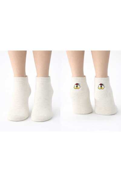 Store Krem Rengi Sevimli Figürlü Kadın Kısa Çorap