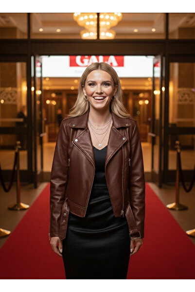 MEECY Women's Leather Jacket with Zipper and Belt Detail