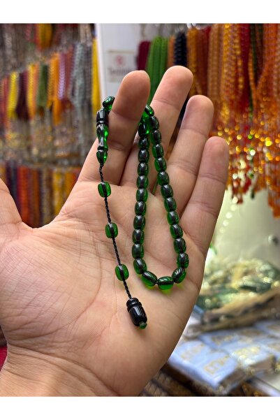 tesbihciniz Systematic Green Color Ankle-Length Fire Amber Prayer Beads