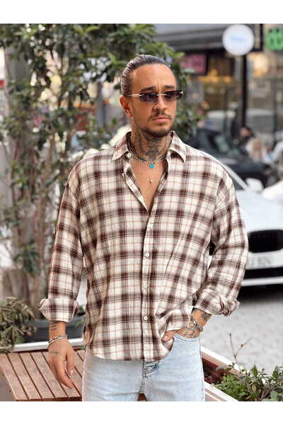 manch collection Oversize Checkered Linen Shirt Brown