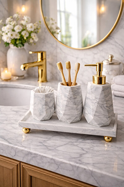 lufen deco Mermer Desenli Beton 4’lü Banyo Wc Seti Sıvı Sabunluk Diş Fırçalık...