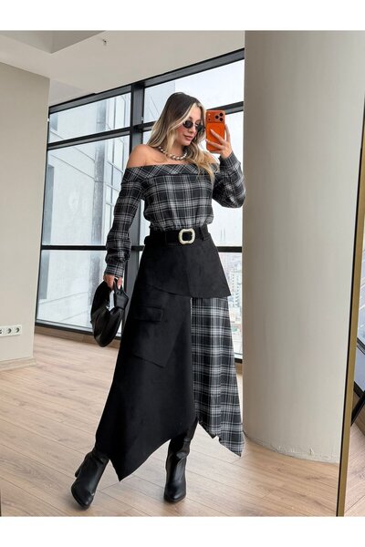 HARMONY GLOBAL Black Suede Detailed Belted Madonna Collar Asymmetrical Plaid ...