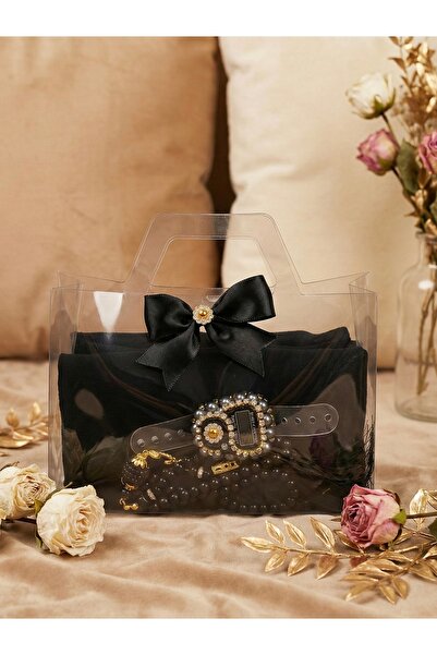 Lotus Dükkan Asetat Çantalı Hediyelik Set - Pamuklu Şal, İnci Tesbih ve Taşlı...