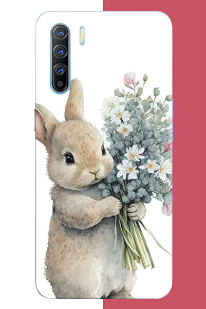 Aksesuarist Oppo Reno 3-A91 Uyumlu çiçek tutan tavşan.jpeg UV Baskılı Silikon...