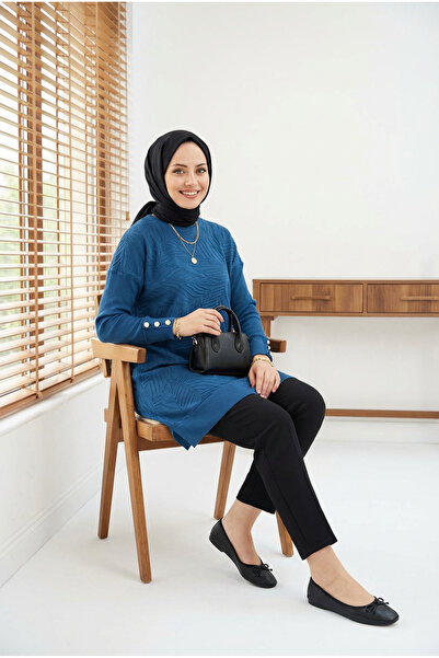 Kirazca Butik Women's Leaf Patterned Mercerized Tunic with Cufflinks