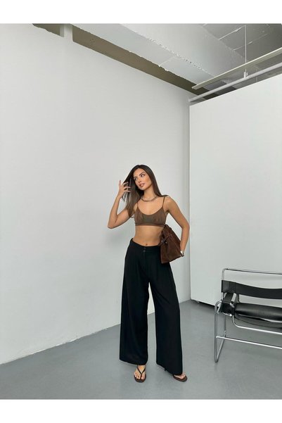 QUASAR Fashion New Season Linen Fabric Wide-Leg Pants with Elastic Waist and Double Buttons