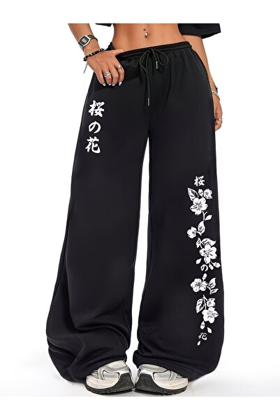 darkopia Unisex Japanese Floral Printed Baggy Cut Wide Leg Sweatpants