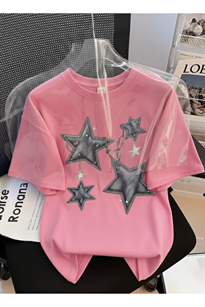 Let's Wear تي شيرت Y2K ذو أكمام قصيرة ومزين بنجمة من الدنيم