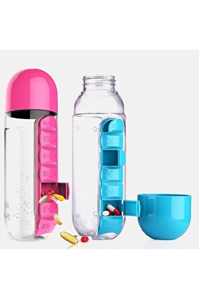 MİNGODAN Su Matarası İlaç Hazneli 600 ml & İlaç Organizer Su Şişesi (1 Adet)