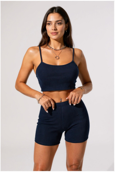 Vielove Kadın Lacivert Kaşkorse Crop Top Şortlu Takım – Yazlık 2’li Ev Giyim ...