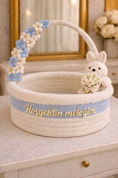 RH GALAXİ TEKSTİL HASIR İsme Özel Erkek Bebek Sepeti – Mavi Ekru Kırk Uçurma ...