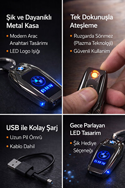 VOLTARA BMW Model LED Işıklı Şarjlı Çakmak Anahtarlık – Rüzgar Geçirmez Elekt...