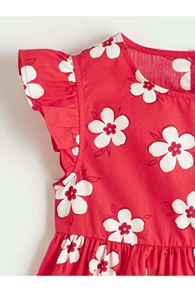 LC Waikiki Κόκκινο φλοράλ φόρεμα για κορίτσια με λαιμόκοψη ποδηλάτου