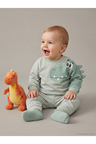LC Waikiki Green Dinosaur Printed Baby Boy Tracksuit Set
