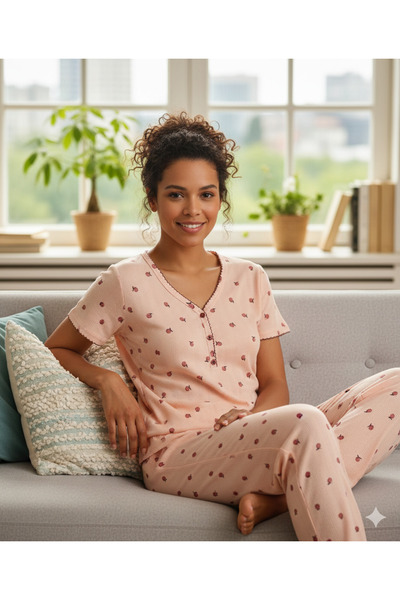 İpek Women's Short Sleeve V-Neck 3 Button Detailed 100% Cotton Peach Pattern ...