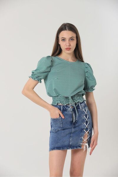 Caddebostan Moda Women's Gipeli Waist Lace-Up Checkered Balloon Sleeve Blouse