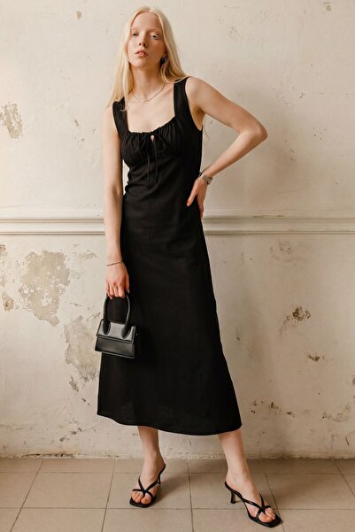 Hiccup MY FASHION Bağlama Detaylı Midi Keten Elbise