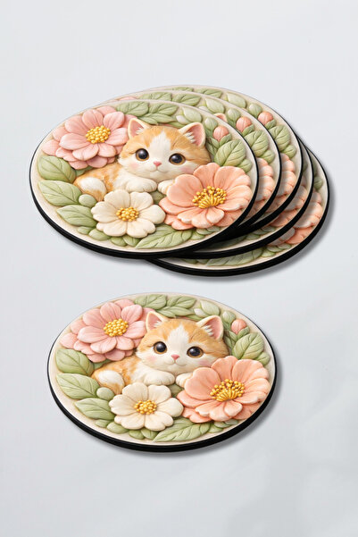 ARTI HOME Bardak Altlığı 6'lı Yuvarlak 10cm Sevimli Kedi