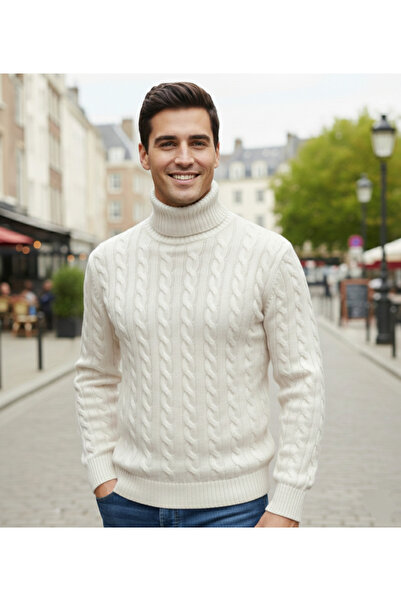 JAKC WAYS Premium Ecru Turtleneck Men's High-Neck Sweater