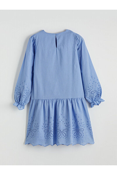 LC Waikiki Μπλε φόρεμα με λαιμόκοψη Μπροντερί με λεπτομέρειες για κορίτσια Πο...