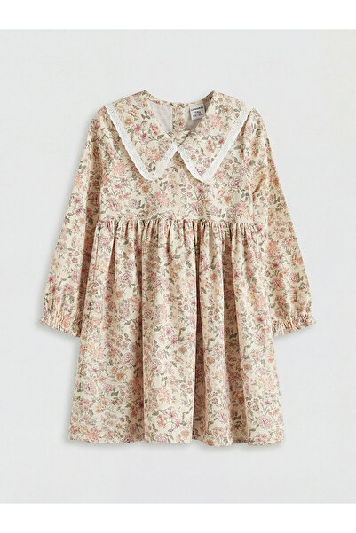 LC Waikiki Rochie galbenă pentru fetițe cu model floral guler tip Peter Pan