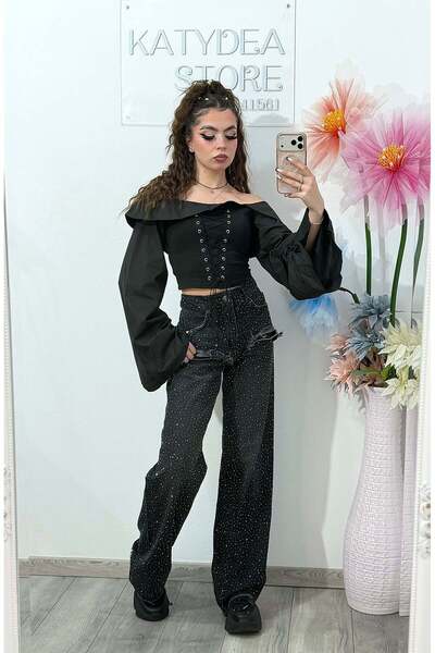 KATYDEA STORE MARYA Wide Leg Jeans with Stamped Crystals