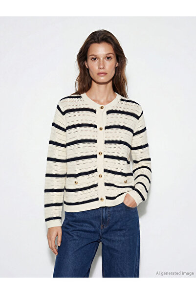 LC Waikiki Lcw Modest Navy Blue Crew Neck Striped Women's Knitwear Cardigan
