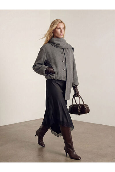 LC Waikiki Anthracite Shawl Collar Oversize Women's Cashmere Coat