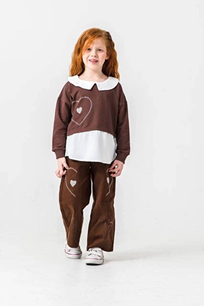 Butik Girl's Heart Embroidered Gabardine Trousers Lycra Sweatshirt Set Brown ...