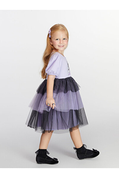 LC Waikiki Lila Balon Kollu Kuromi Baskılı Kız Çocuk Elbise