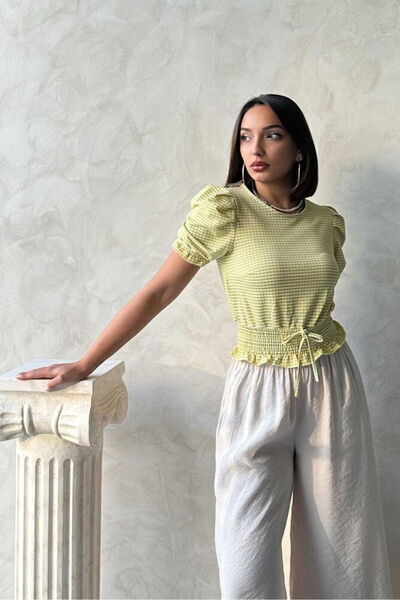 Caddebostan Moda Women's Gipeli Waist Lace-Up Checkered Balloon Sleeve Blouse