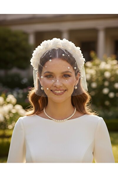 Çınar Aksesuar Pearl Detailed Voile Wedding Crown - Modern Bridal Hair Access...