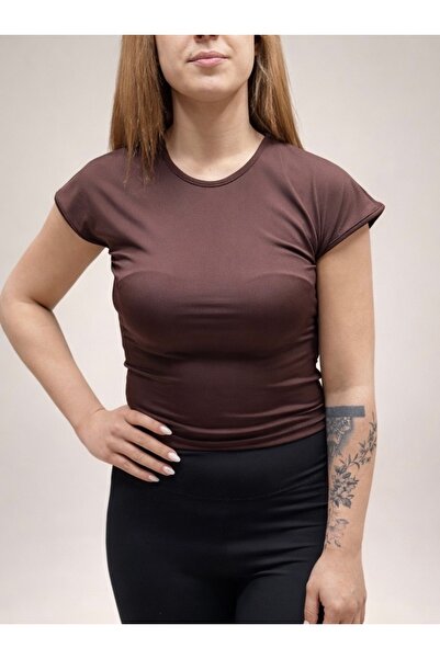 Sırt Dekolteli Crop Bluz- Kahverengi